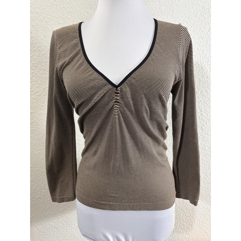 Bebe‎ Striped Top Size S Beige Black Vintage Y2K USA Ruched V-Neck 3/4 Sleeve